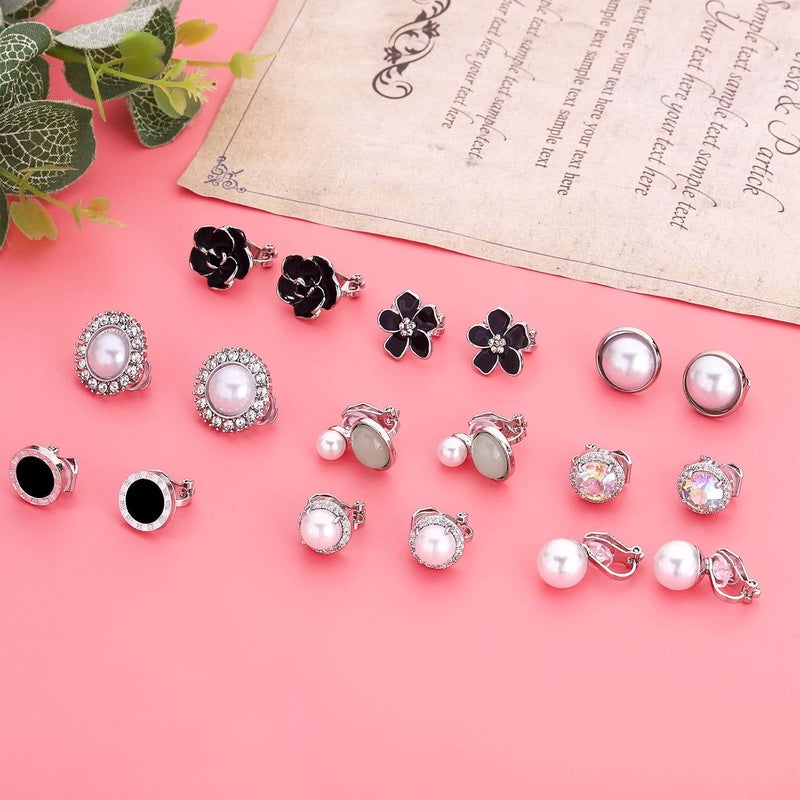 NEWITIN 12 Pairs Clip On Earrings for Women Cute Earring Crystal Pearl Stud Charming Fashion Earring Non Piercing Clip on Stud Earrings for Women - Image 2